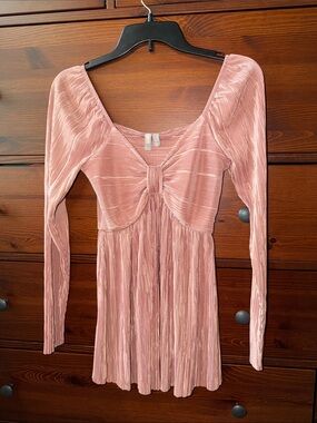 ASOS DESIGN Plissé Twist Front Long Sleeve Mini Dress Blush Pink US 2